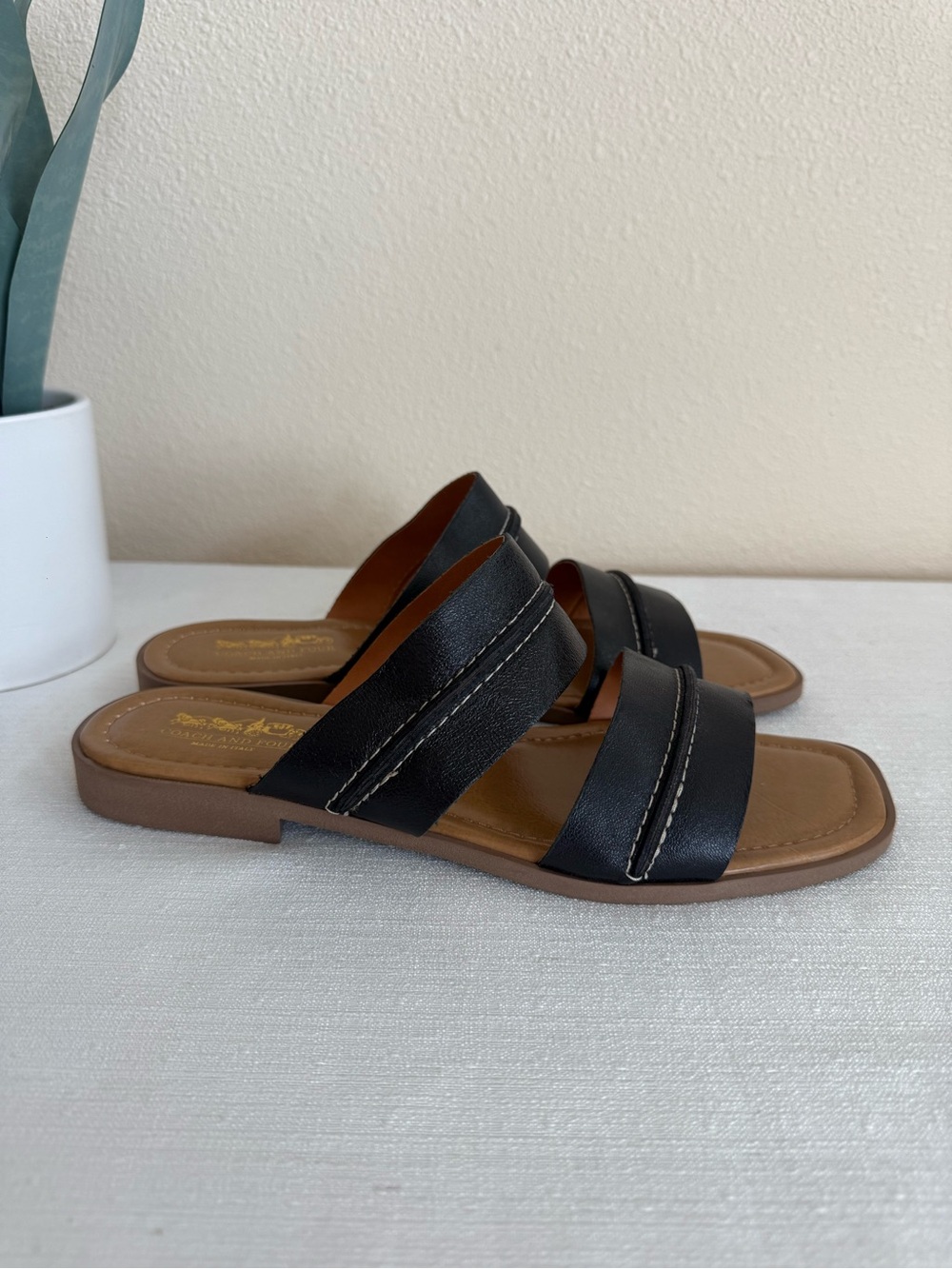 COACH AND FOUR Black Leather Slide Sandals with Double Straps Italy